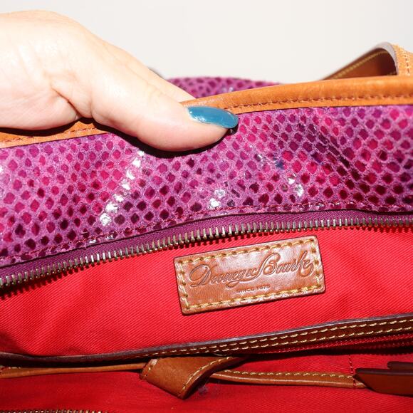 Dooney & Bourke Purple Snake Embossed Leather Tote Bag with Red Interior - Picture 9 of 11